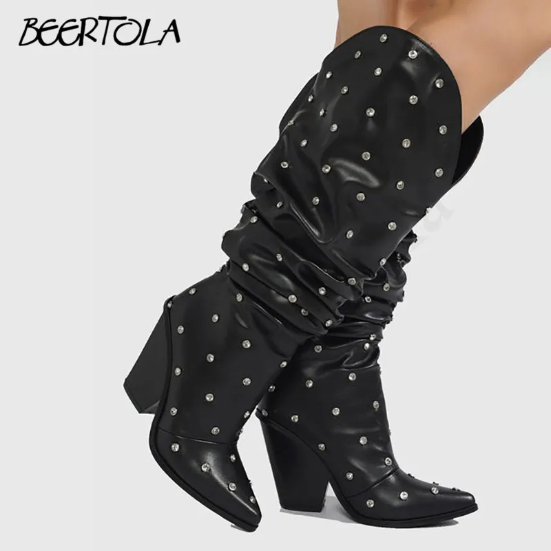 Women's Wedge Heel Rhinestone Boots Oversized Fashionable Pointed Round Bead Rivet Over The Knee High Boots Women's High Boots