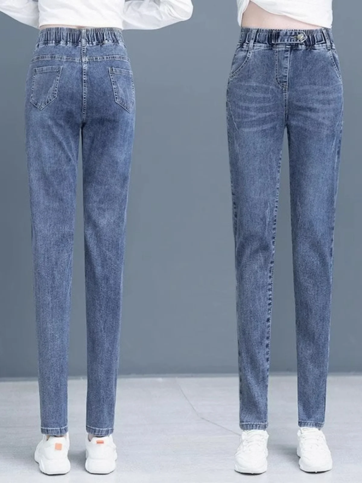 

Джинсы с высокой талией и прямыми штанинами для женщин, маленький размер, повседневные, свободные, с эластичным поясом, длиной до щиколотки, модные, из хлопкового стрейч-денима