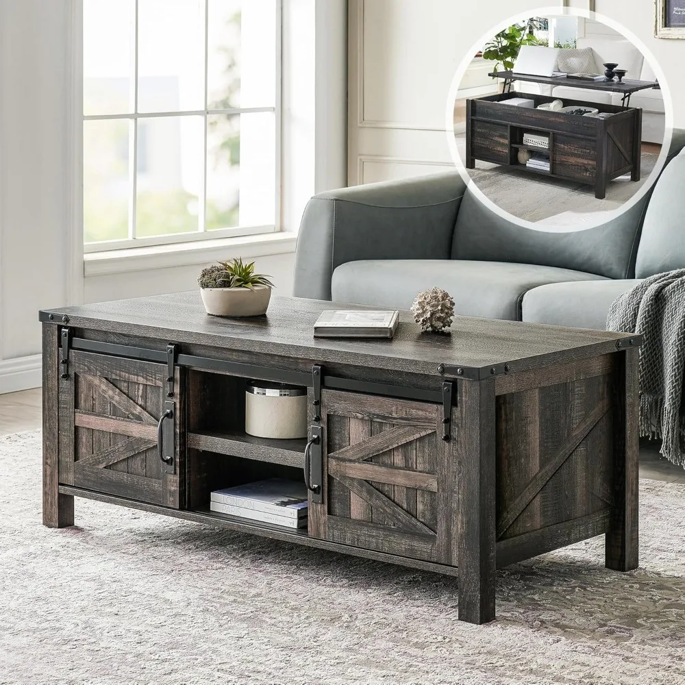 

48" Farmhouse Lift Top Coffee Table with Sliding Barn Door, Rustic Center Table with Hidden Storage Compartment,Lifting Tabletop