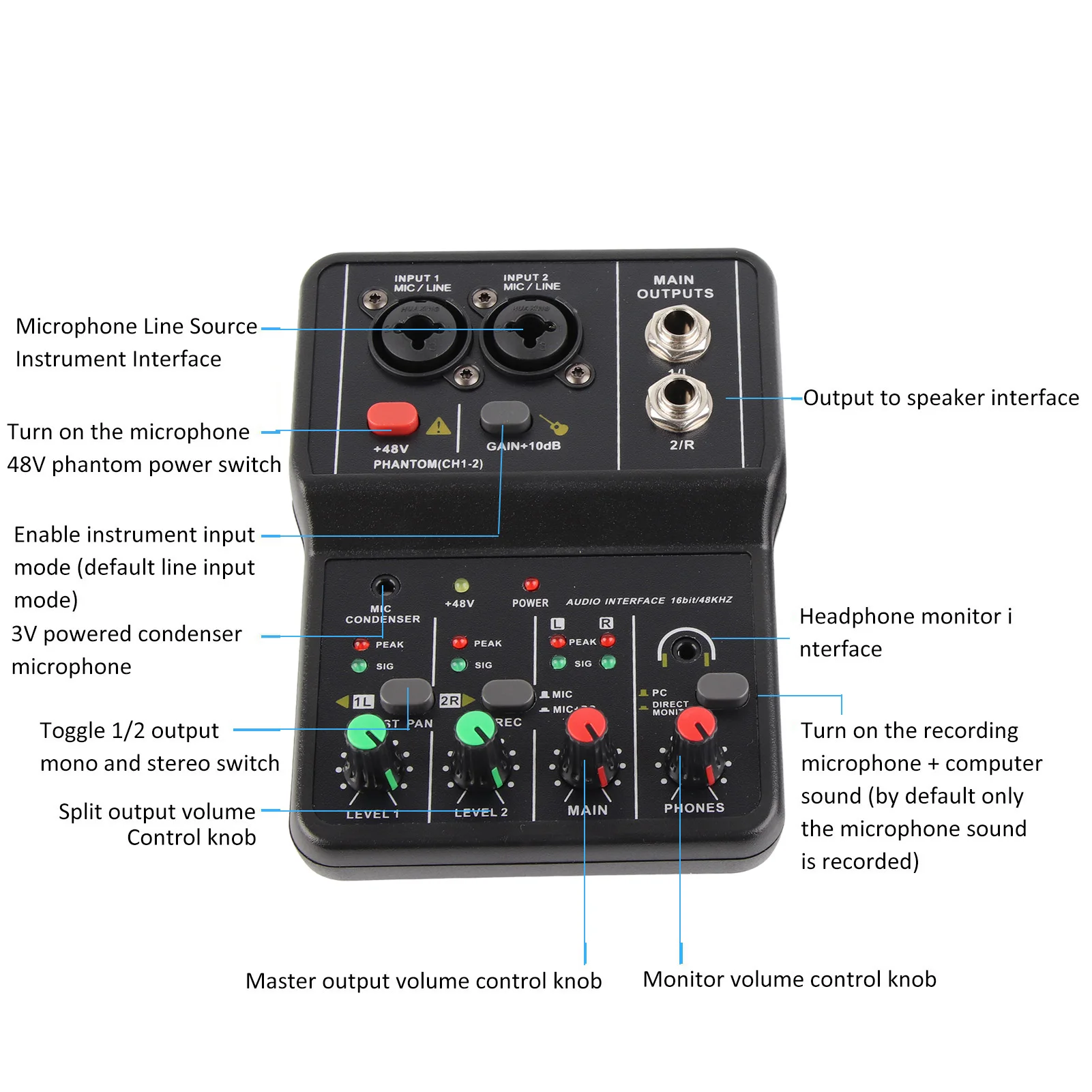 Audio Mixer Sound Board USB Power Supply Compact 48V Phantom Power 2 Channels Audio Mixer 2 Channels for Music Recording