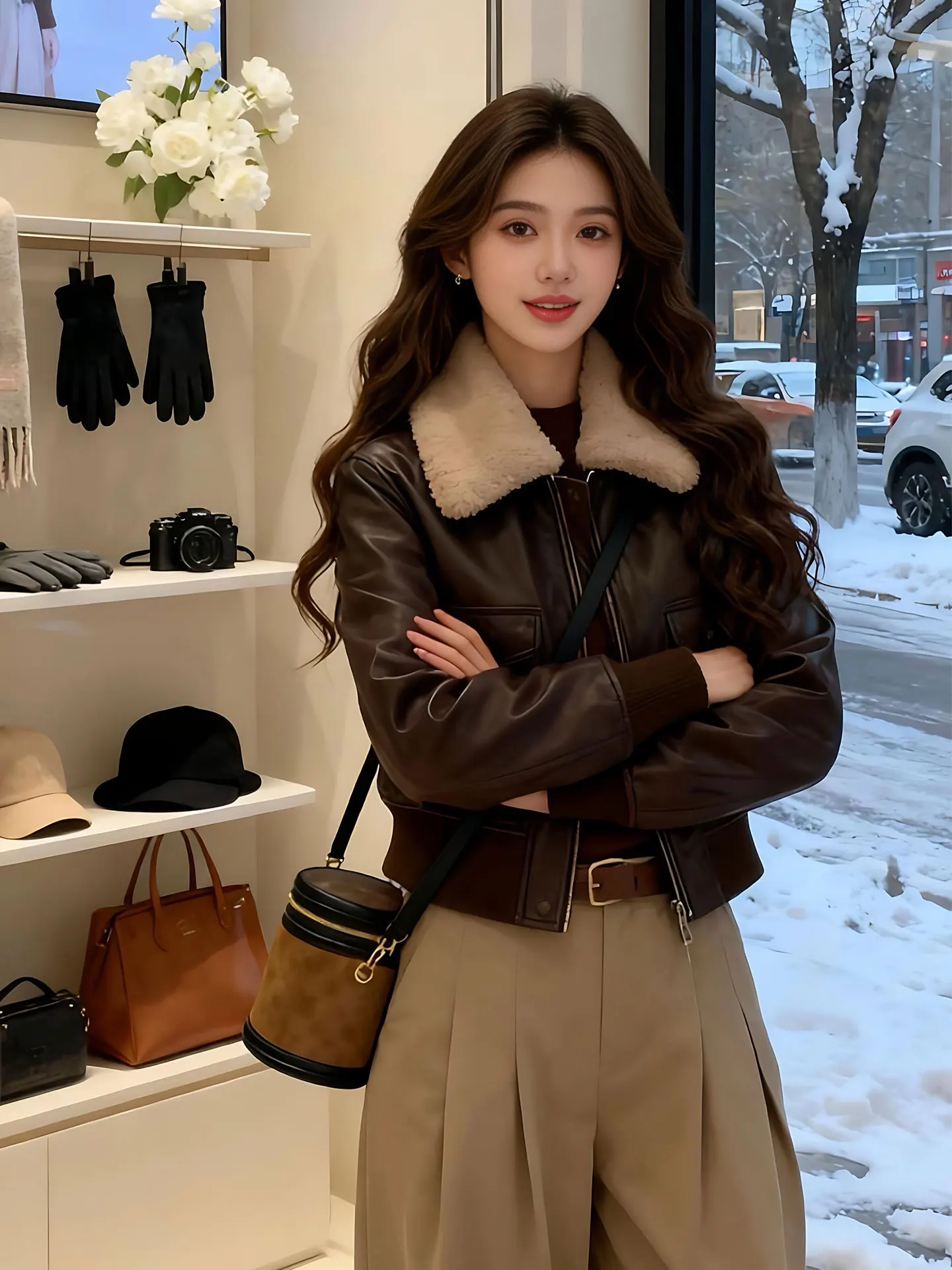 

Retro Brown Lamb Fur Collar Leather Jaet ort Outerwear Women's Winter New Sle Small Size Ladies Faion Stand Fit