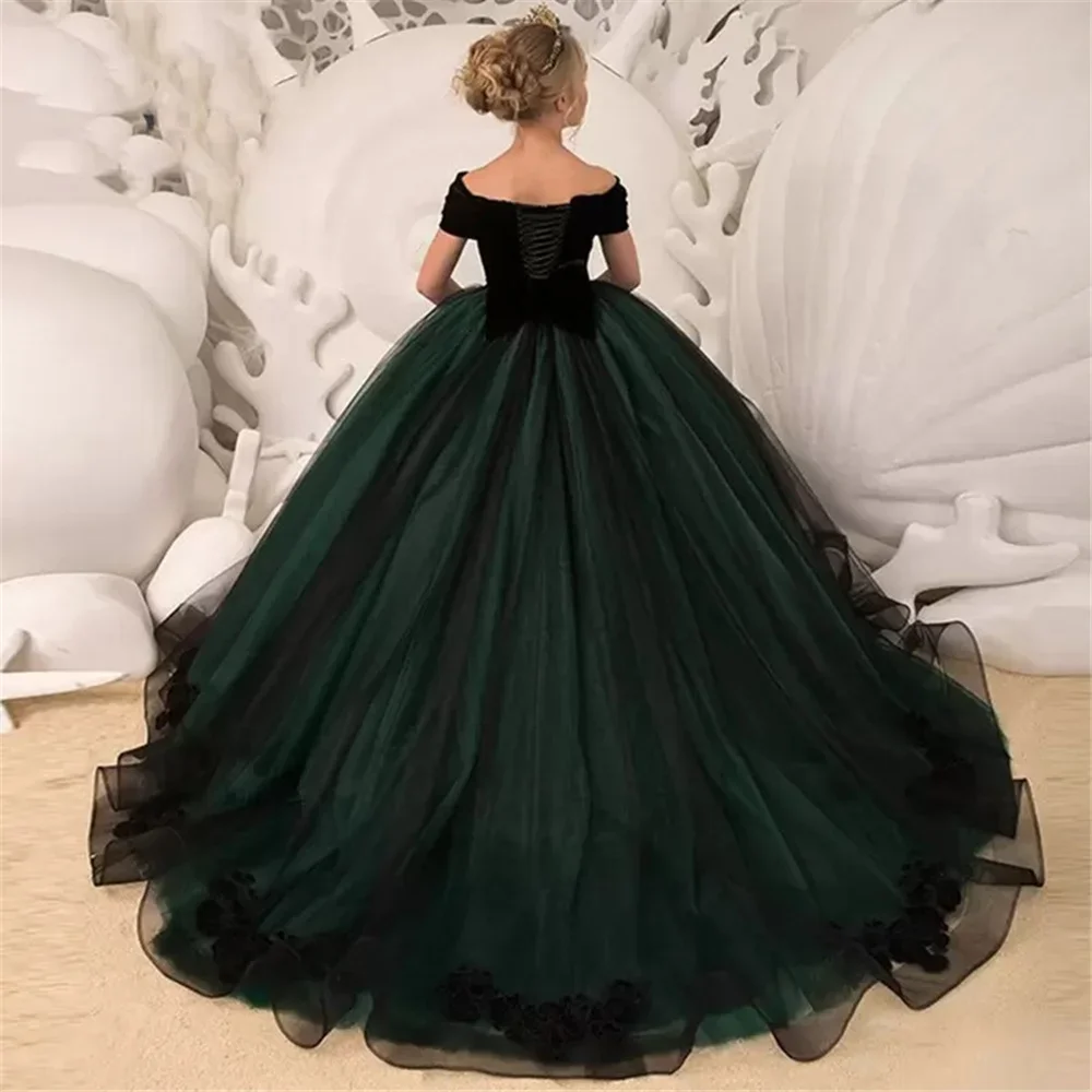 

Black Green Flower Girl Dresses Wedding Ruffles Tulle Bow Fleeciness Custom Pageant Gowns Communion Dress