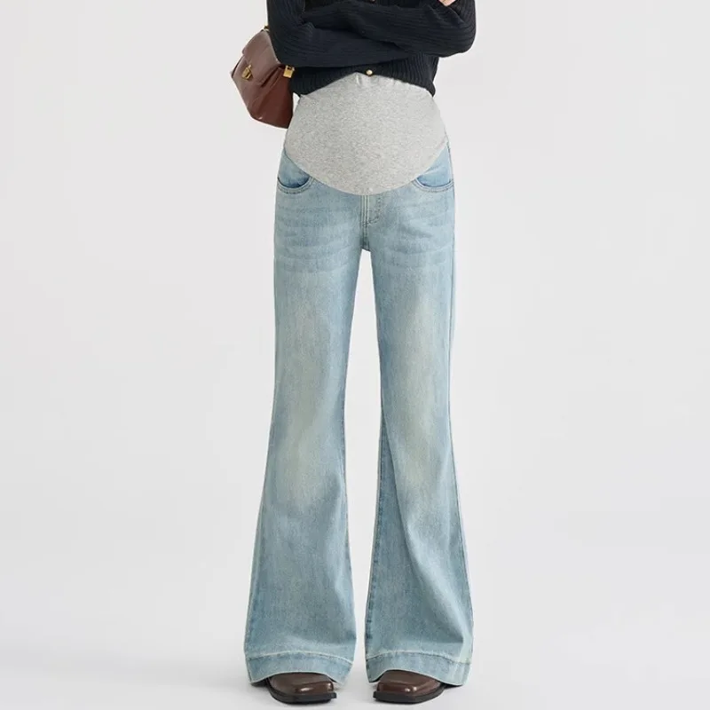 Pregnant Women Denim Flared Pants Maternity High Waist Belly Support Slim Fit Jeans Spring Autumn Casual Pregnancy Clothing