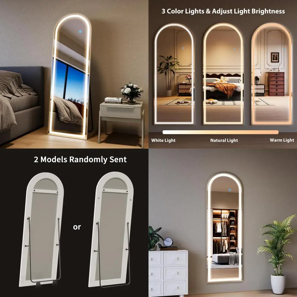 Full Length Floor Mirror 63x20 with Dimmable Lights, 3 Color Modes, Arched Design, Standing Lean-in, Full Body Mirror