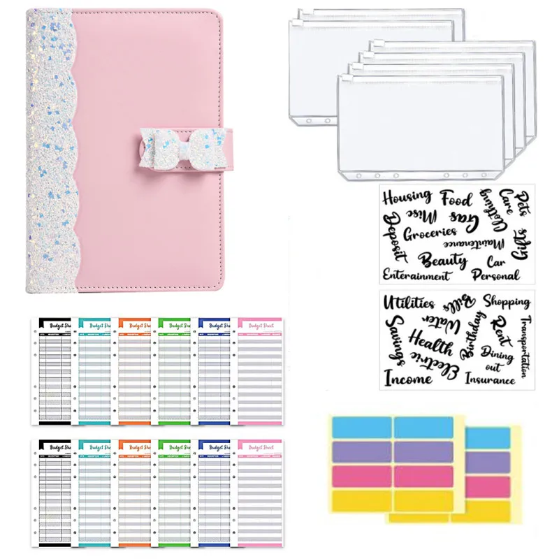 New A6 Budget Binder Planner With 6 Pieces Cash Envelopes Bag Colorful PU Leather Notebook Binder With 12 PCS Budget Card