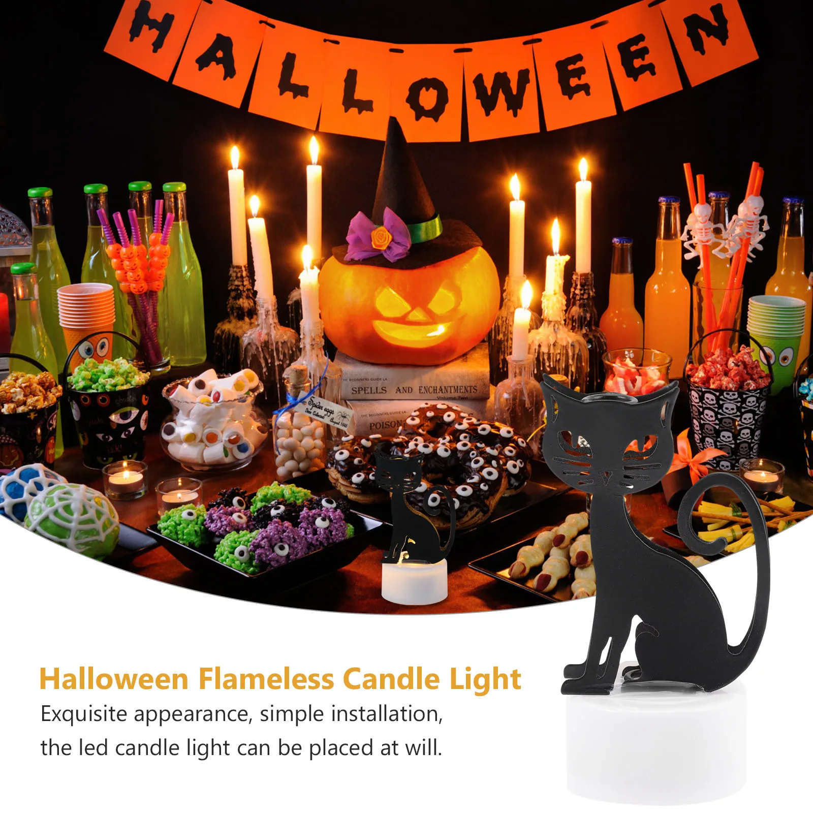 2 szt. Lampki LED Halloween w kształcie kota, bezpłomieniowe dekoracje na imprezy wewnątrz i na zewnątrz, unikalny kreatywny design, miękkie światło.