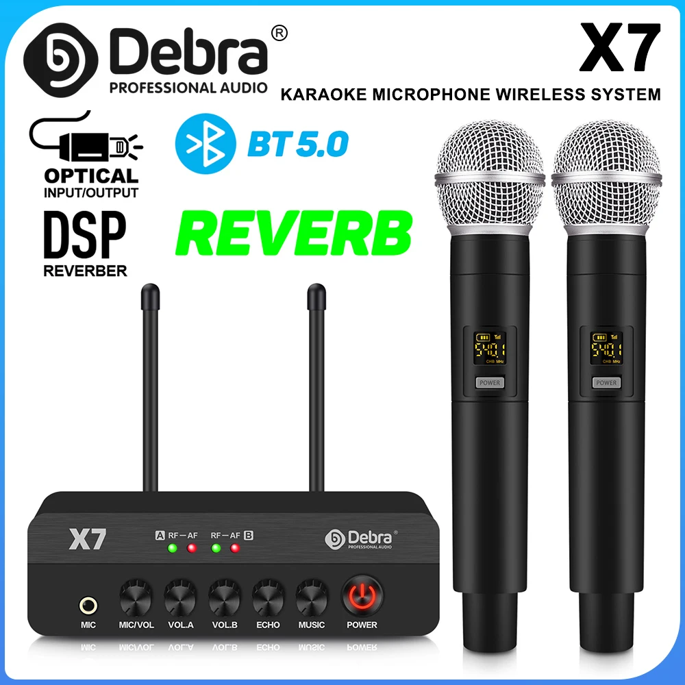 X7 Karaoke Dual Channel Wireless Microphone, 5.0 Bluetooth Handheld Microphone, Optical Connector for Weddings, Home Karaoke