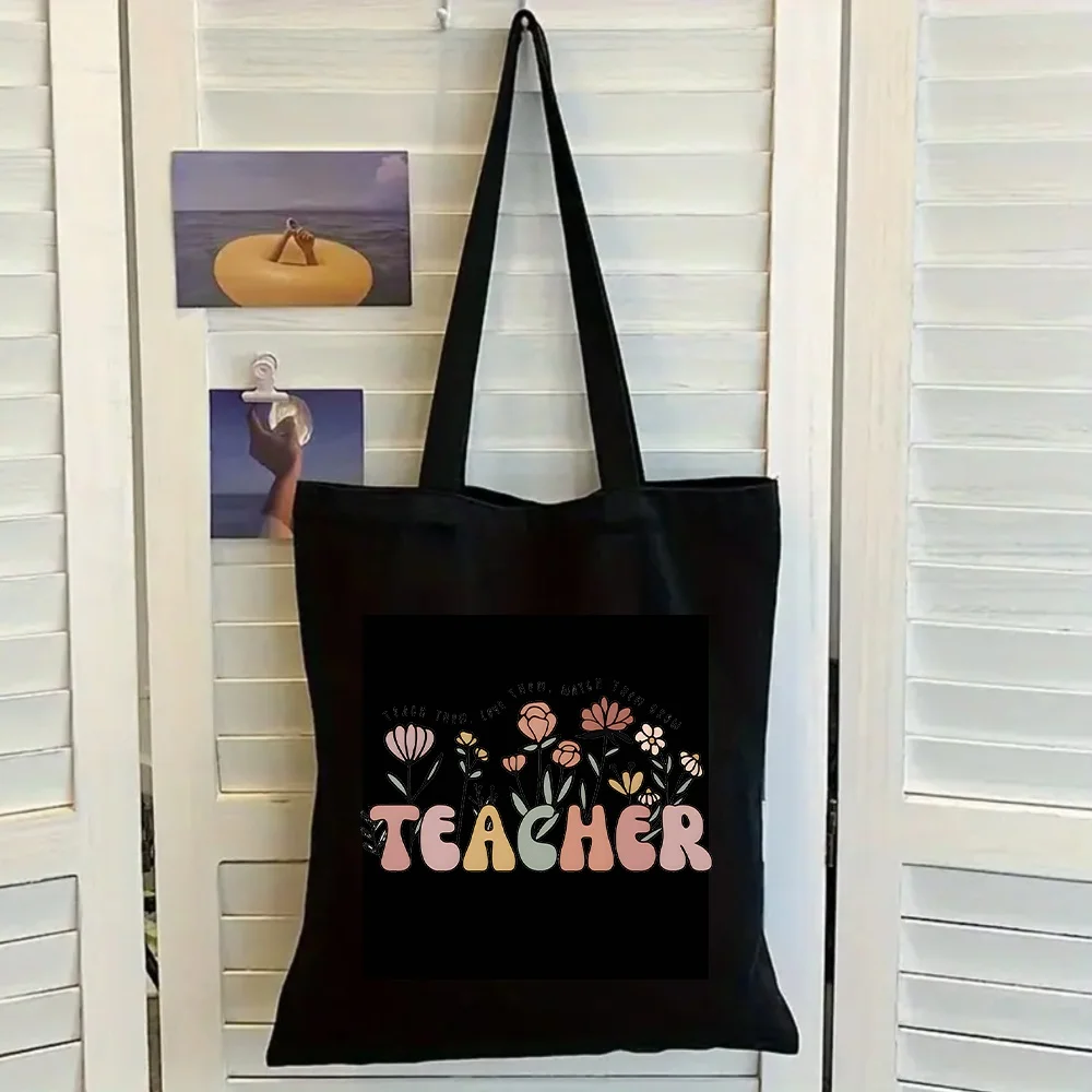 

Boho Wildflower Teacher Tote Bag Canvas Shoulder Bag Teach Them Love Them Watch Them Grow Versatile Black Handbag for Women