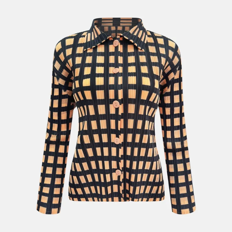 

2026 New Miyake Pleated Shirt Fashion Plaid Print Slim Fit Women's Stretch Fold Long Sleeve Draped Top Coat Commuter Casual Wear