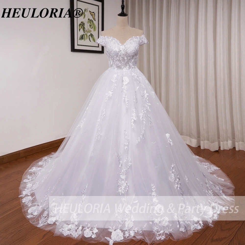 HEULORIA princess wedding dress off shoulder shinny skirt lace applique plus size white bride dress customize