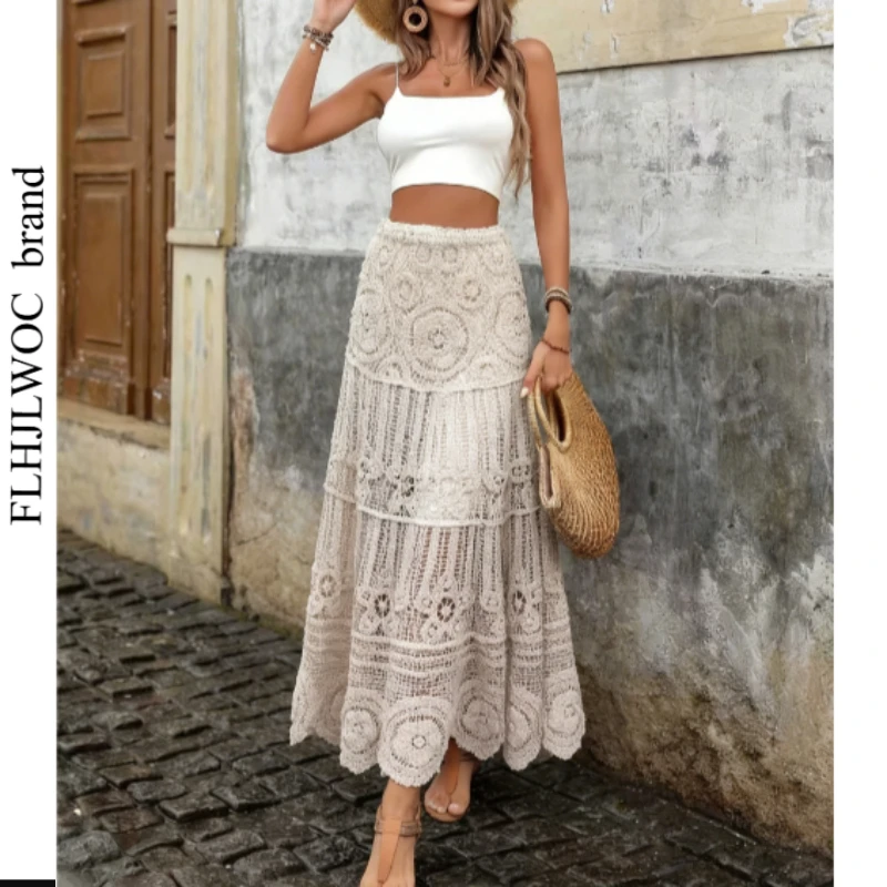 Hollow Out Skirts Mori Girls Retro Design Solid Vintage Beautiful Crochet Flower Romantic Honeymoon Holiday Long Maxi Skirt