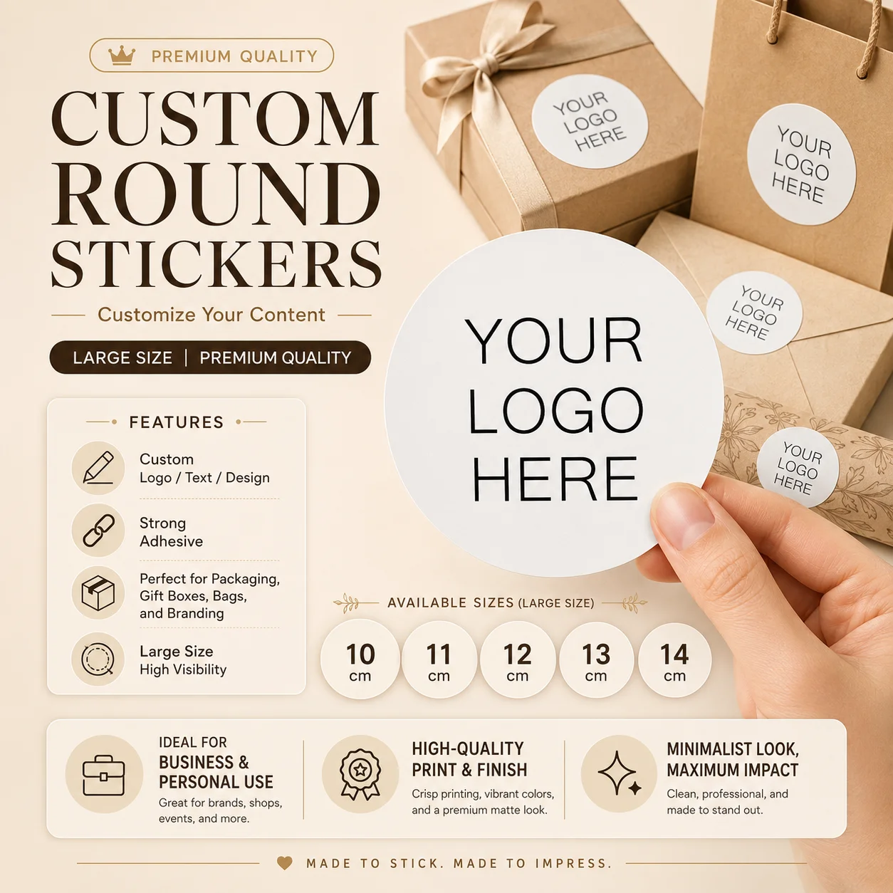 Customized Large-Sized Round Stickers 10–14cm, Personalized Logo Text and Graphic Adhesive Labels, Suitable for Gift Boxes, Packaging Bags, Envelopes, Shopping Bags, Brand Seals, and Business Promotion