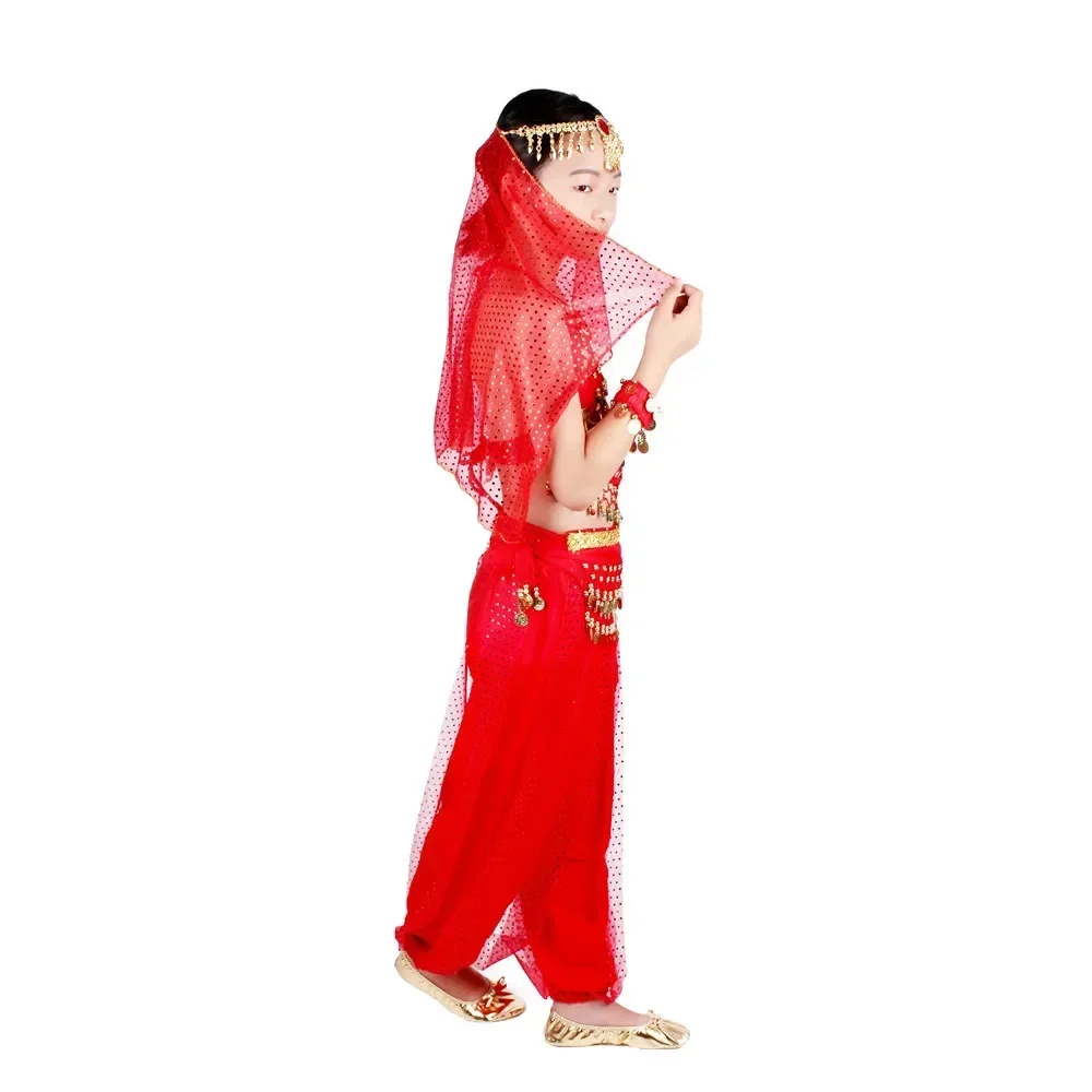 Children Belly Dance Costume Set Girls Ballroom Dance Dress Indain Gold Coin Belt Silk Veil Bellydance Kid Bollywood Accessories