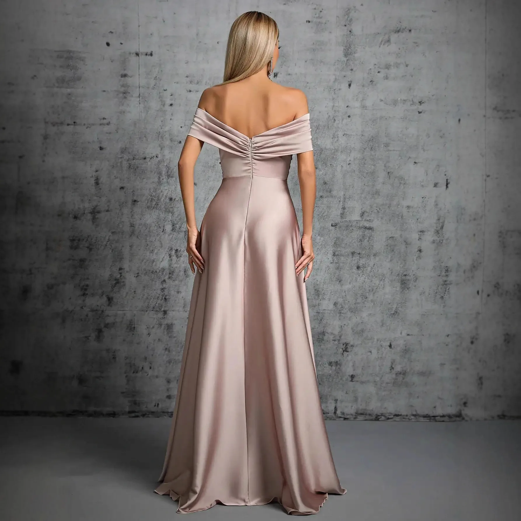 Abito formale da sera classico a trapezio con spalle scoperte senza maniche pieghe in raso lungo ballo di fine anno abiti da festa gala Robe De Soiree