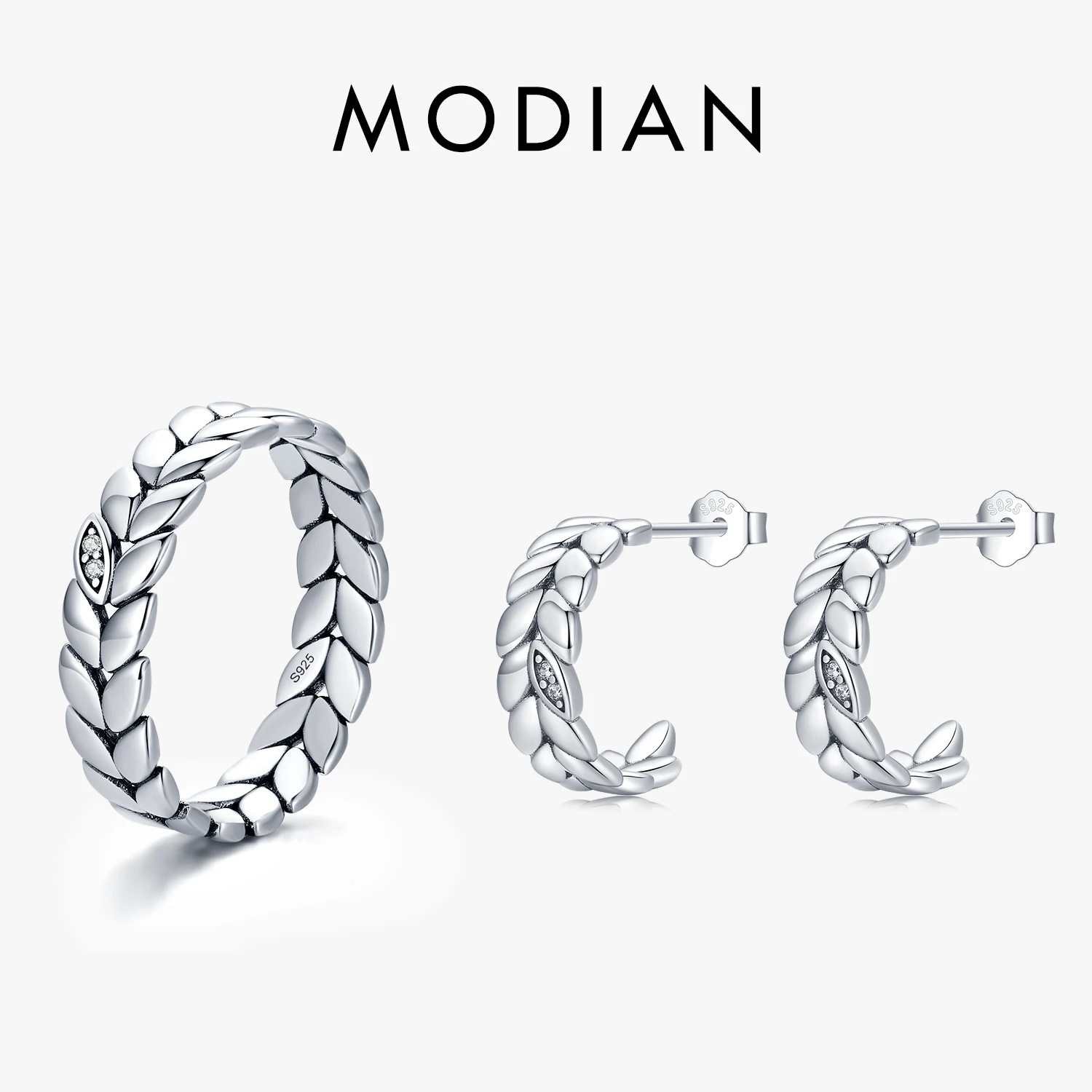 

MODIAN 2024 Real 925 Sterling Silver Lucky Leaves Stackable Finger Ring Vintage Wheat Stud Earrings For Women Fine Jewelry Sets