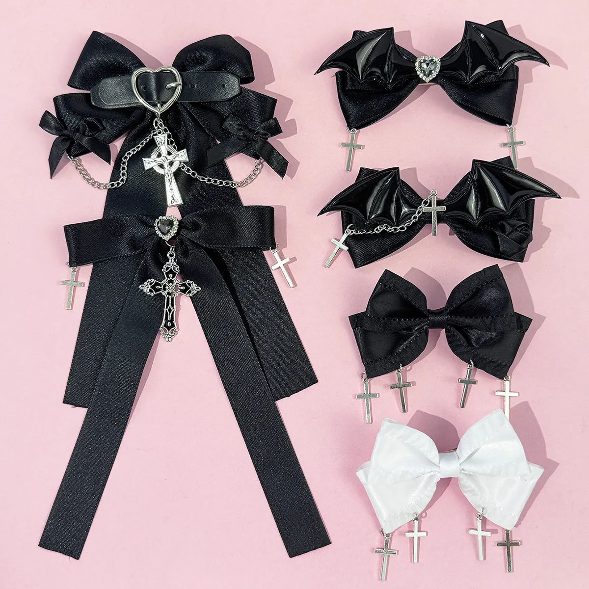 

24pc Gothic Heart-Shaped Cross Lace Embroidered Bow Hair Clips Women's Long Tassel Side Hairgrips Mass-Produced Hair Accessories