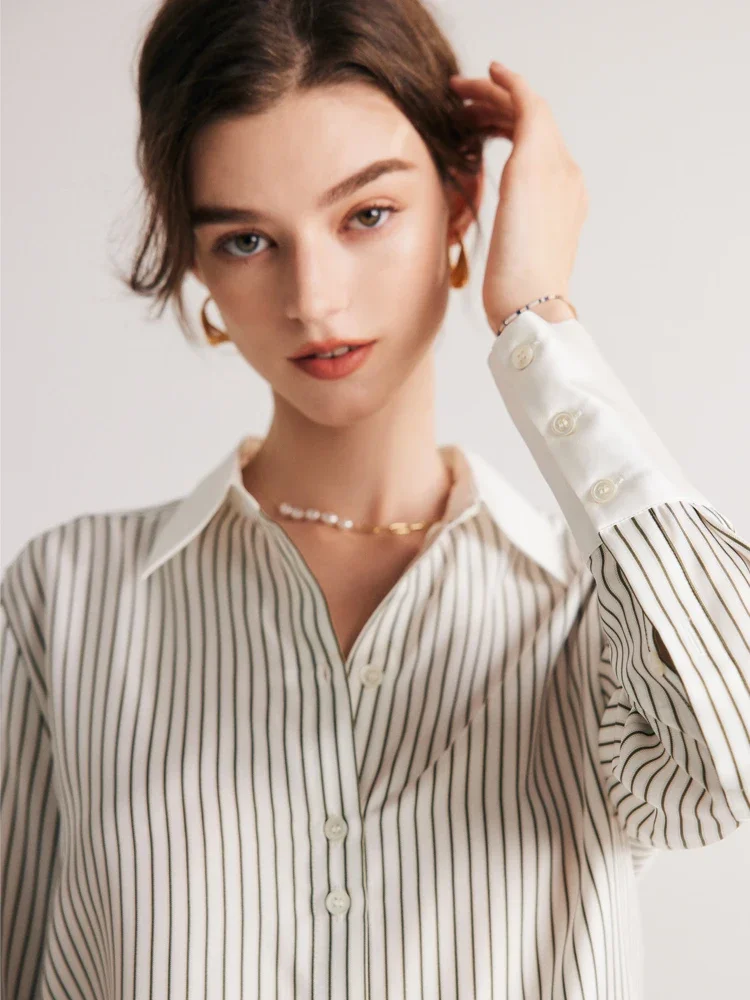 

SuyaDream Women Striped Shirts 100%Mulberry Silk Single Breasted Chic Blouses 2023 Spring Summer Silk Top White