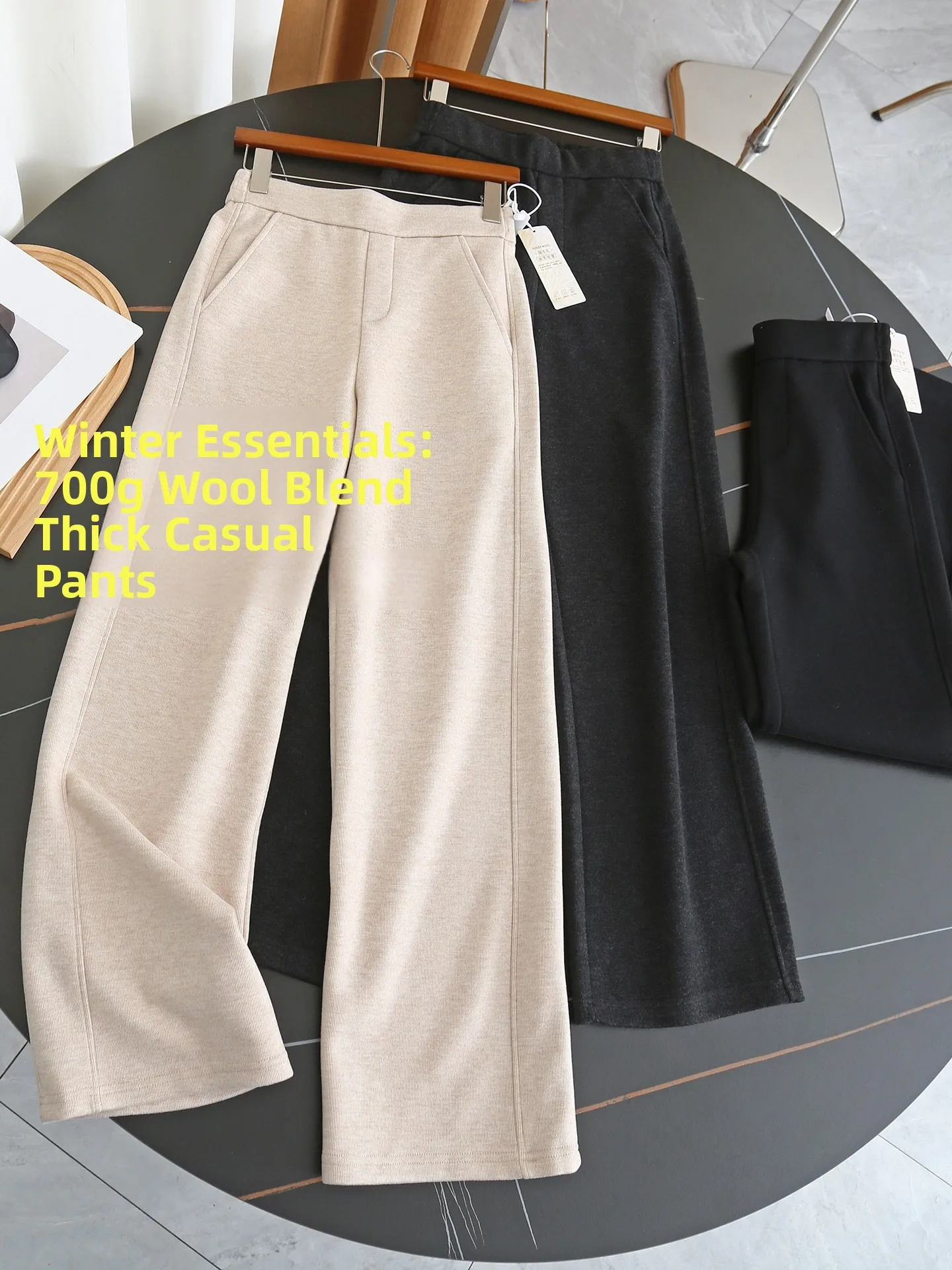

Thickened Casual Straight Leg Pants Women's Winter Trousers Half Elastic Waist Loose Fit Comfortable Polyester Blend Trousers