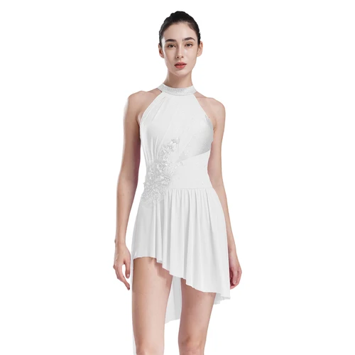 Imagen 2 del producto Vestido de patinaje artístico con apliques para mujer, leotardo de Ballet lírico moderno, tutú brillante con diamantes de imitación, Ropa de baile para actuación gimnástica