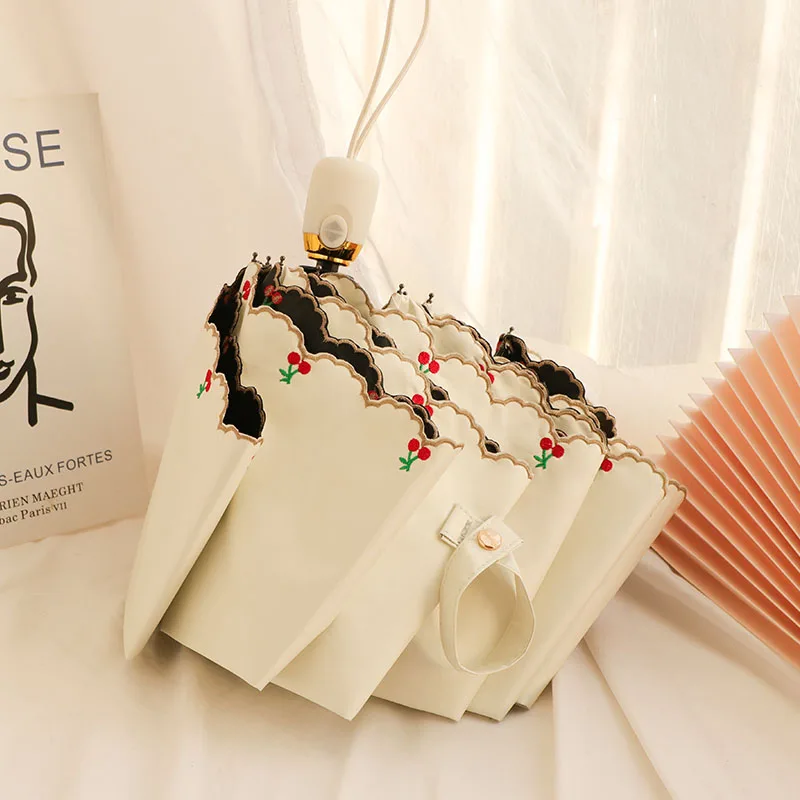 

Automatic Three-umbrella Black Glue Sunscreen UV Protection Women's Sun Rain Dual-use Sunshade Umbrella Embroidered Cherry