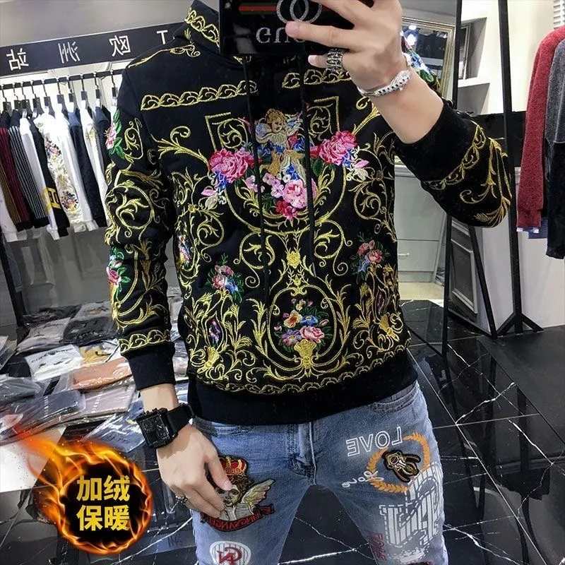 Men's 2024  autumn new slim long-sleeved handsome heavy craft flower and bird print hot diamond tide brand sweater men