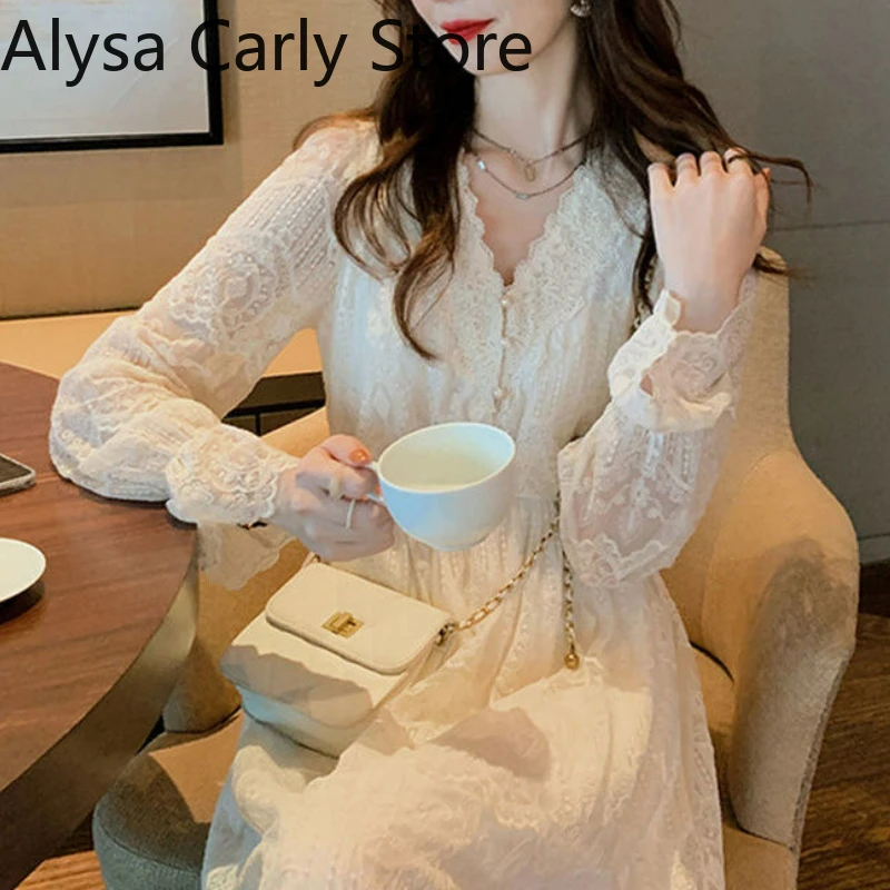 2022 Spring Lace Vintage Fairy Dress Women Elegant Flare Sleeve Korean Party Midi Dress Casual Office Lady Slim Y2k Kawaii Dress