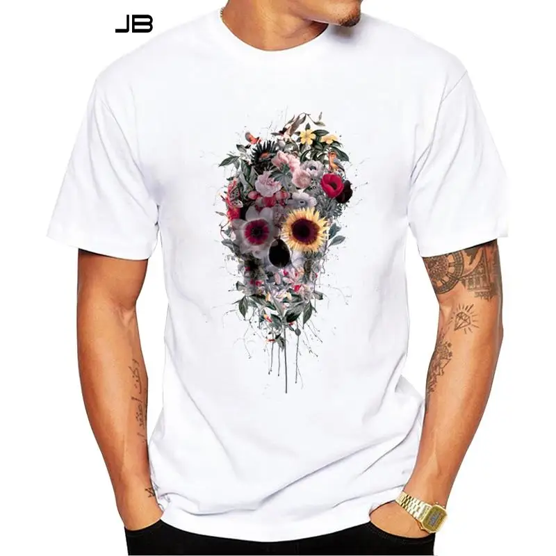 

FPACE Skull Floral Print T-Shirt Fashion GEEK Fitness Cool O-neck Men's T Shirt Summer Short Sleeve Men Clothing