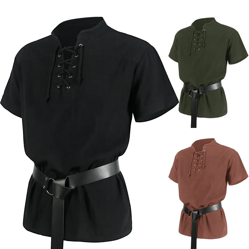 Vintage Medieval Viking Pirate Tunic Shirts for Men 100% Cotton Short Sleeve Larp Cosplay Costume Warrior Norman Chevalier Top