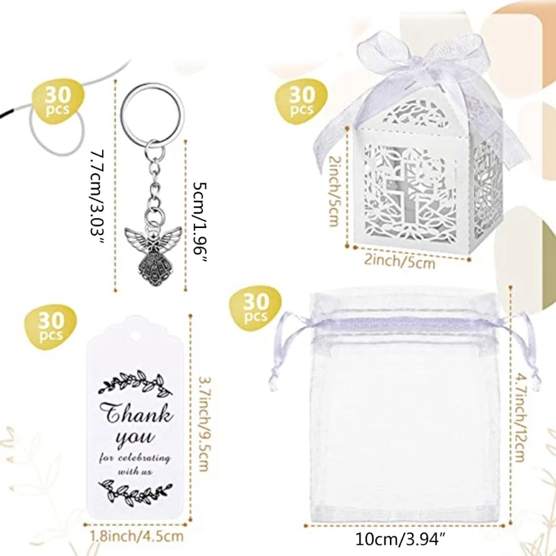 30Pcs/24Pcs Angel Keychain Pendant Favor Box Keychain Christening Gift Keyring with Thank You Kraft Pendant Bag for Kids