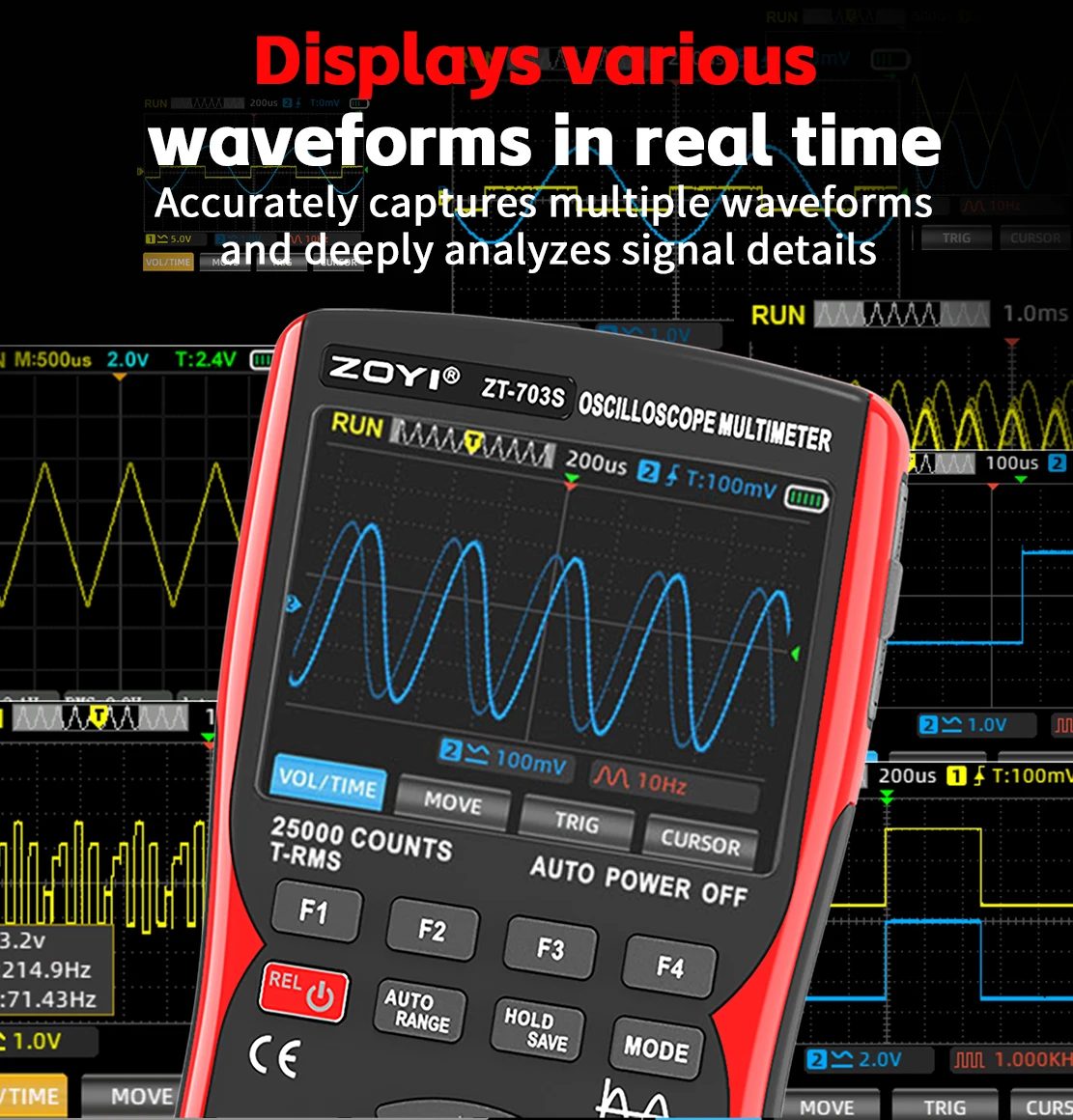 

ZOYI Dual Channel Oscilloscope 3in1 Multimeter DDS Generator 50MHz 280MSa/s 25000 Counts