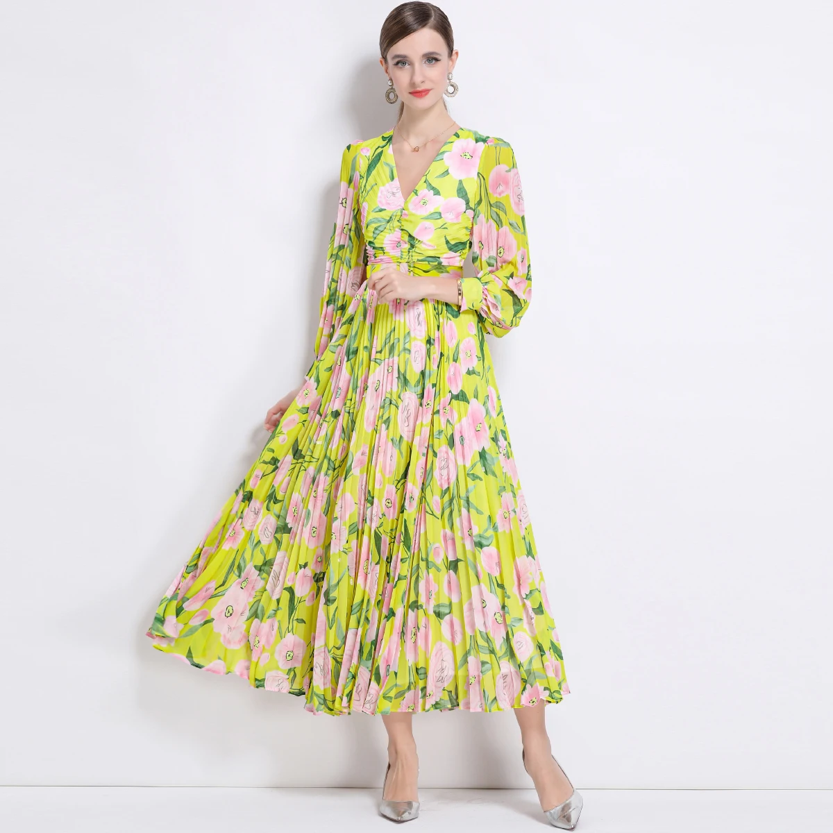 Verão impresso maxi vestido roupas femininas manga longa lanterna fino ajuste em camadas vestido feminino 2025 verão chique casual férias