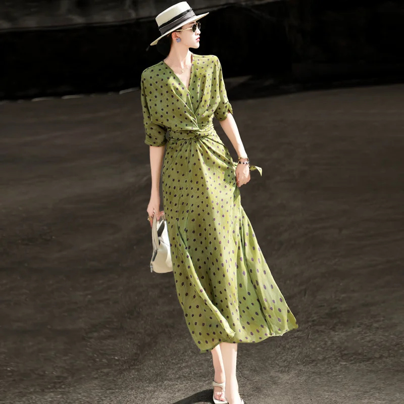 MEXCOCO 2026 New Summer Fresh V Neck Three Quarter Sleeve Polka Dot Twist Tie Waist Slim Chiffon Flowy Maxi Dress