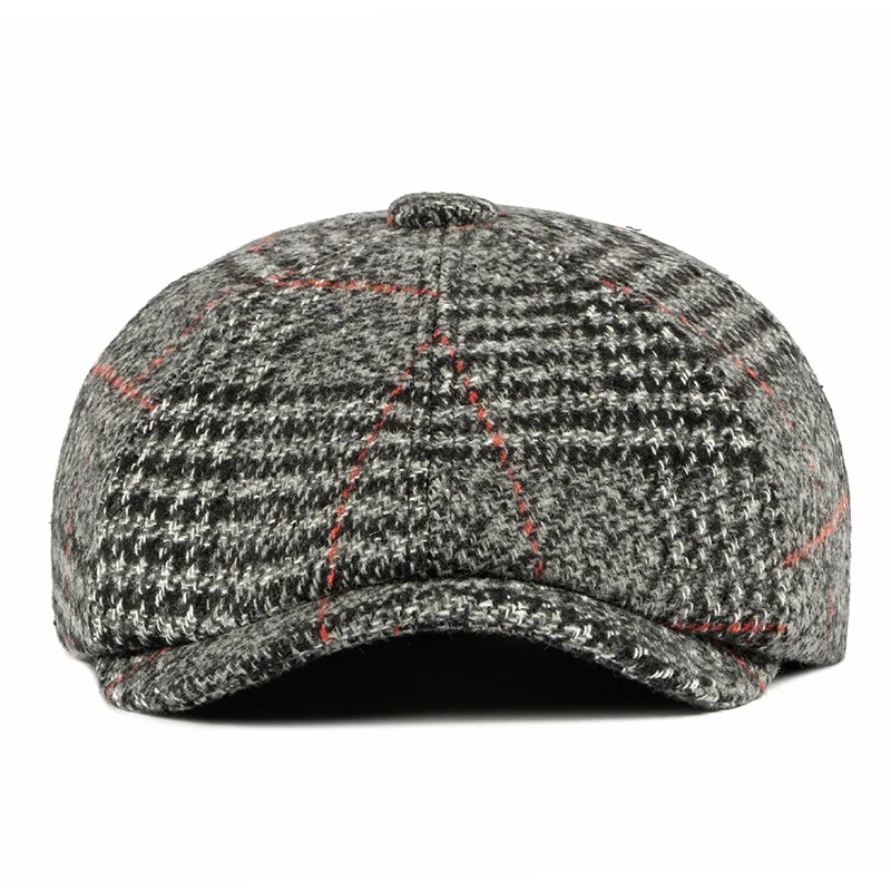 Retro Octagonal Hats for Men Black Plaid Eight-blade Painters Newsboy Cap for Male Herringbone Flat Cap Berets Elastic Band