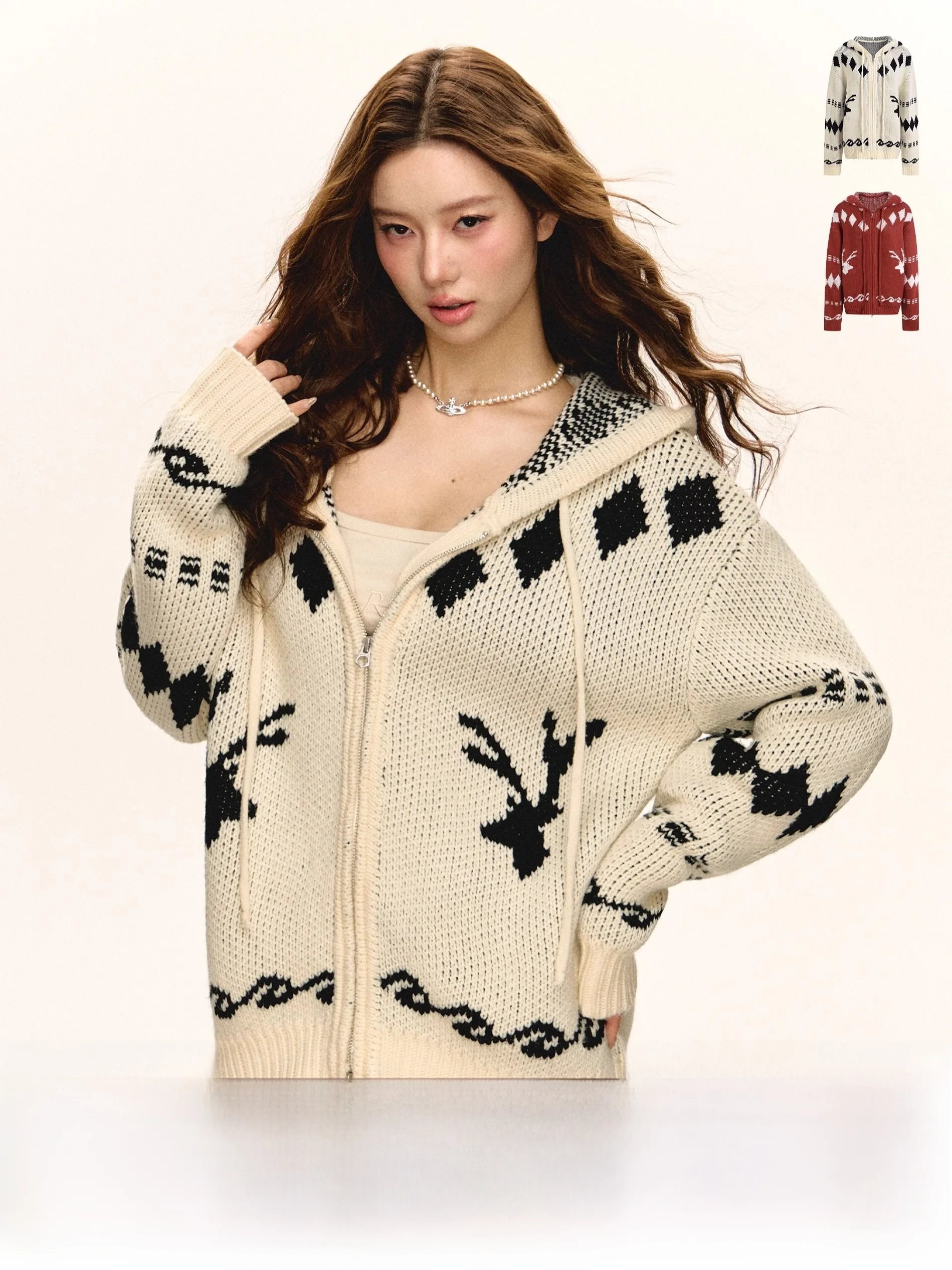 

Ariseism American Sle Vintage Loose Hooded Zipper Open Cardigan Sweater Women's Spring New Top Street Sle Straight Cut