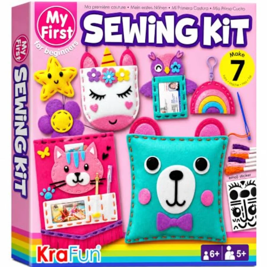 

My First Sewing Kit for Beginner Ages 6-12, 7 Easy DIY Projects of Stuffed Animal Dolls and Plush Pillow Craft, Pre-Punched Fel