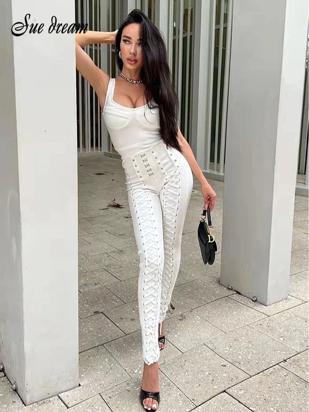 Sleeveless Bandage Jumpsuit 2022 New Summer Women's Sexy Black White Cross Tie Celebrity Club Party Full Length Jumpsuit