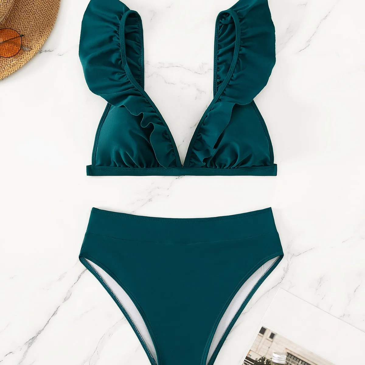 Fanan New split solid color bikini swimsuit for women's pleated multi-color swimsuit