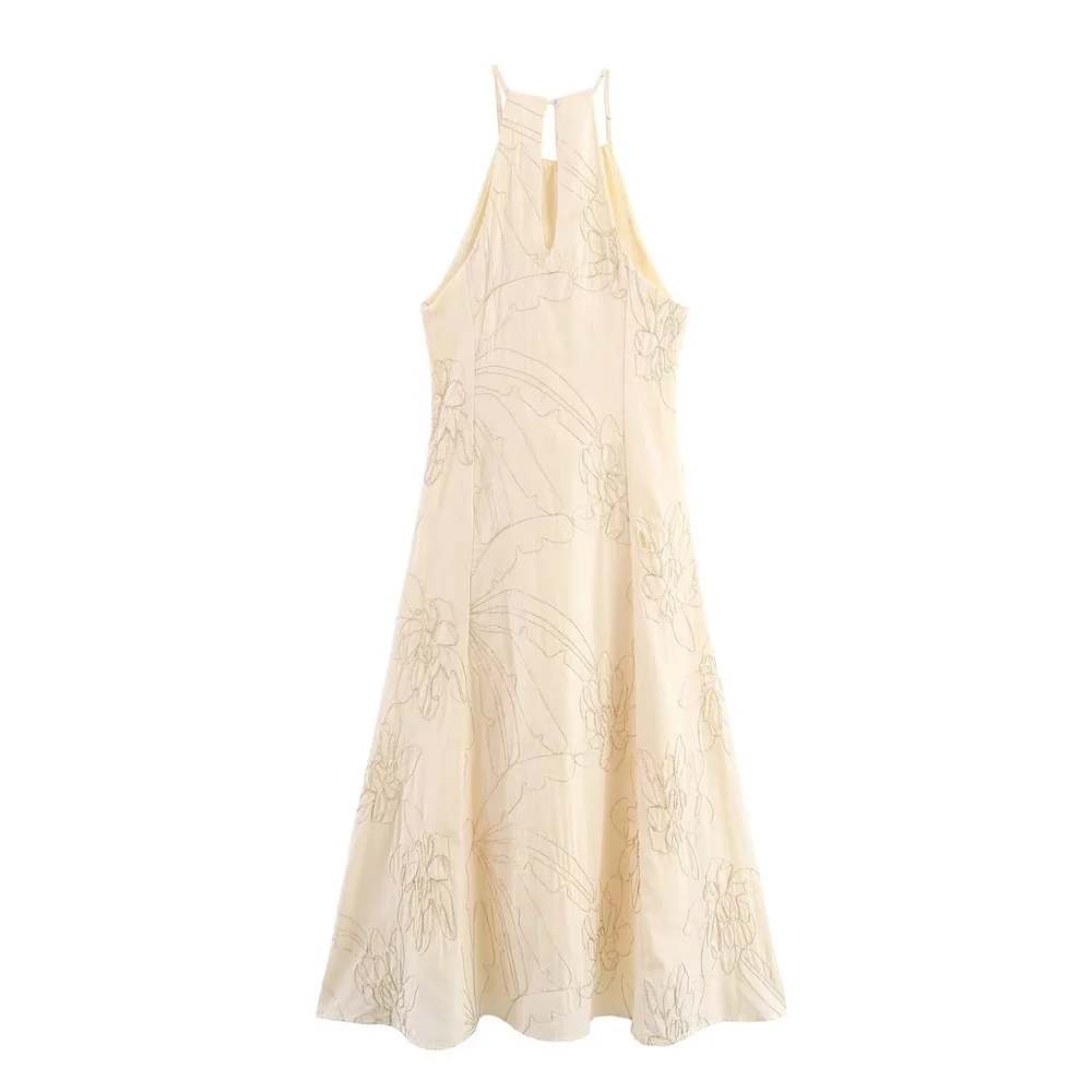 New Women's Fashion European and American Style Simple Flower Embroidered Hanging Neck Dress