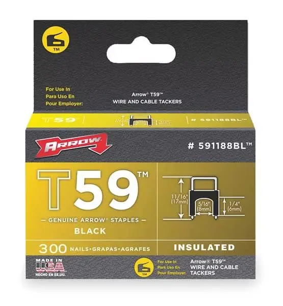 

Insulated Cable Staples, T59, 0.024 x 0.048 in ga, 1/4 in Leg L, Steel, 300 PK