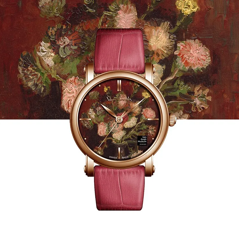 Van Gogh Sunflower Oil Painting Dial Quartz Watch for Women Swiss Movement 36mm Gold Case White Leather Strap image 3