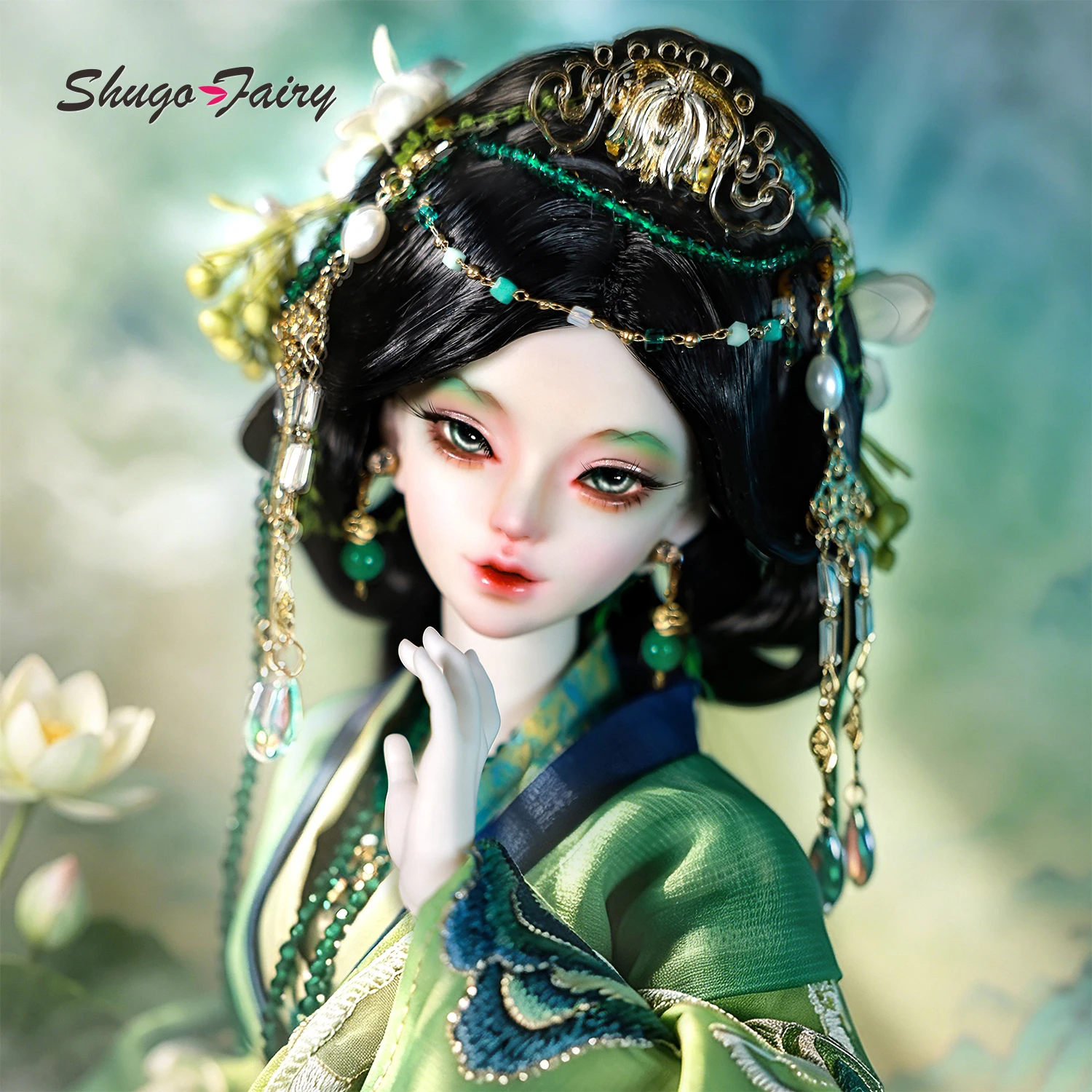 ShugaFairy BJD 1/4 Snake D Fullset Distant Mountain Brows Song Chinese Dress CyanGreen Landscape Embroidery FC Ball Jointed Doll