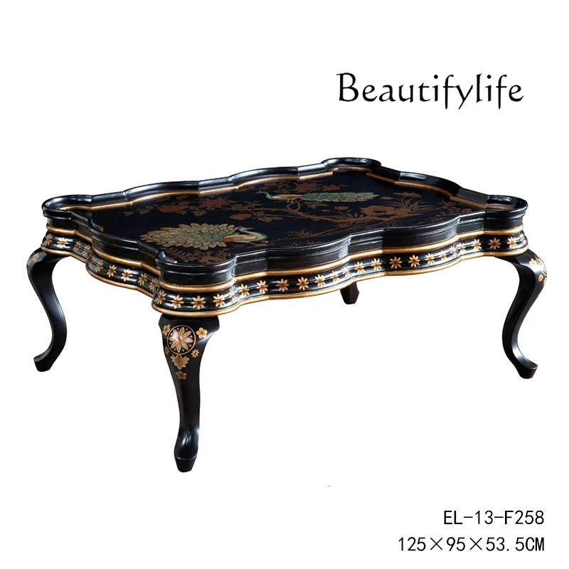 

French Country Retro Hand Painted Peacock Solid Wood Wavy Edge Coffee Table American Villa Luxury Coffee Table