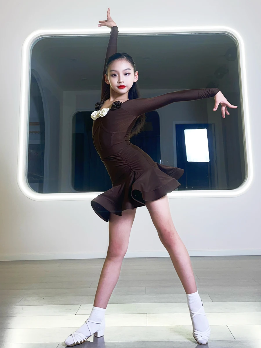 2023 New Kids Latin Dance Dress Girls Winter Practice Clothing Rumba Dance Performance Costume Ballroom Dance Dress DNV18619