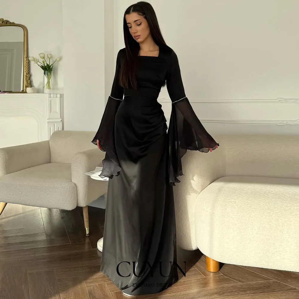 CUYUN ブラックフレアスリーブロングプロムドレススクエアカラーカスタマイズされたサウジアラビアドバイエレガントなイブニングドレスフォーマル宴会ガウン