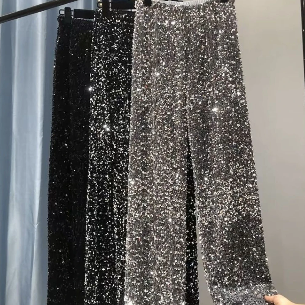 2025 Women's Sequin Wide Leg Pants - Sparkly Glitter Party Club Trousers High Waist Loose Fashion Pants for Evening & Daily Wear