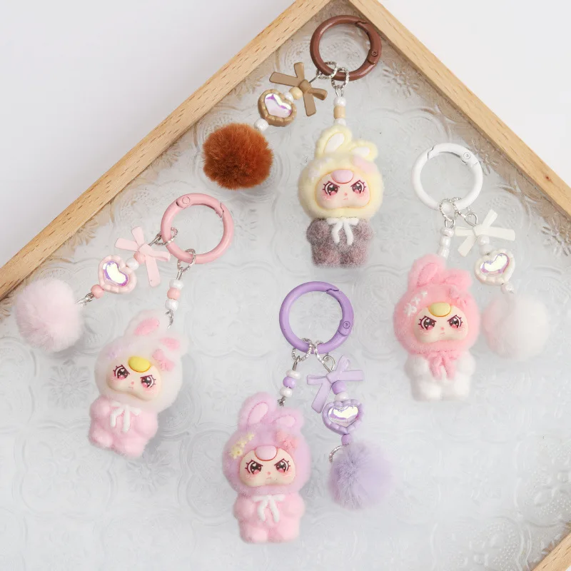 Flocking Monchichi Keychains with Bow Cute Monchichi Keychain Pendant for Bags Anime Bags Charm Keyring Girls Bag Pendant Gifts