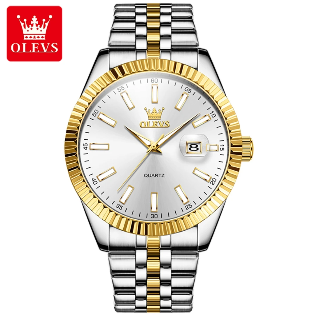 OLEVS Aço Inoxidável Round Dial Quartz Watch, Moda Pulseira, Calendário Luminoso Presente, 5593