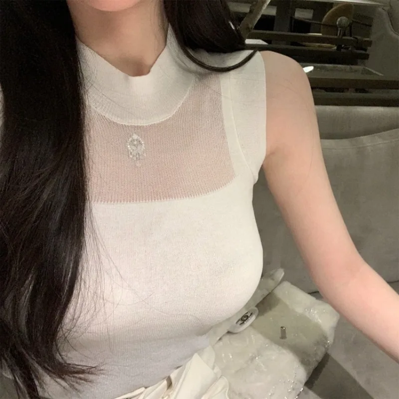 Chu Sexy Dangerous Ice Silk Top Women's Svel Tight Fit Summer Pure Desire Transparent round Ne Knitted Korean Sle