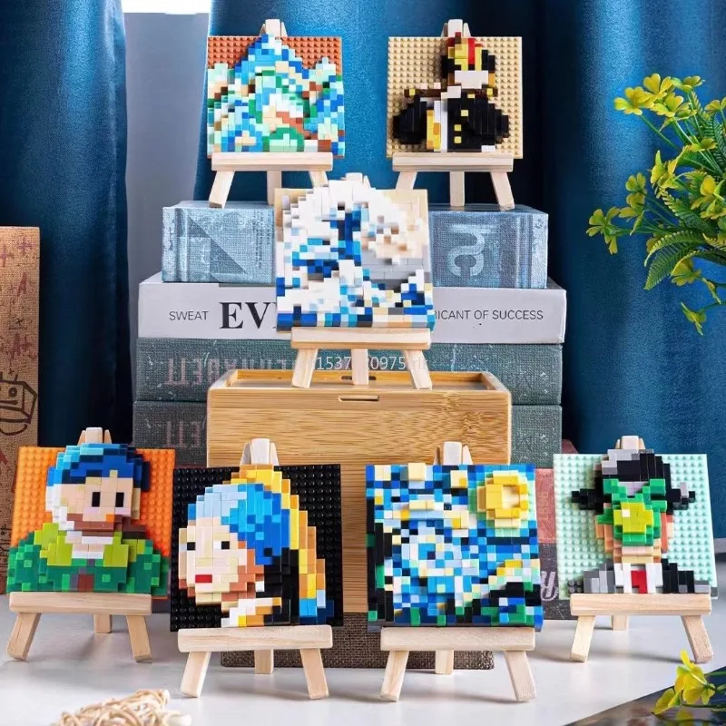 3D Pixel seni terkenal lukisan blok bangunan kreatif Van Gogh langit berbintang blok mikro mainan DIY hadiah anak-anak Dekorasi Rumah