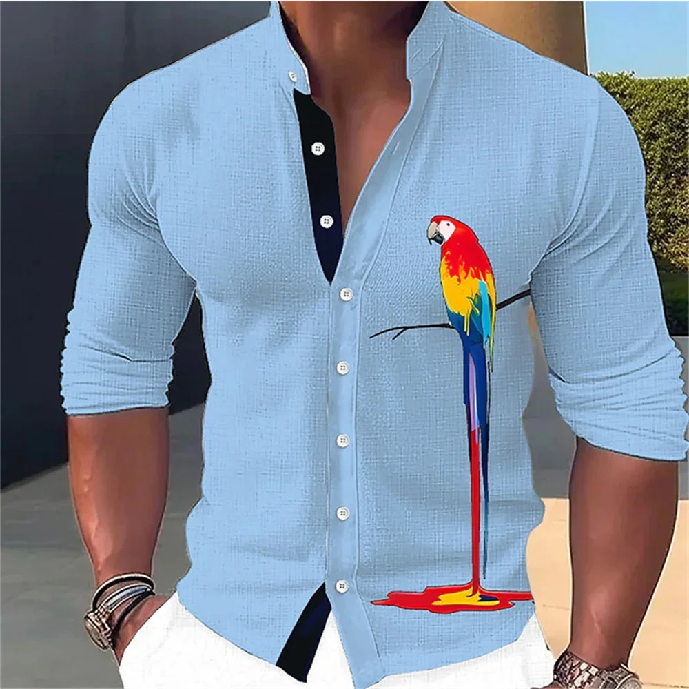 Camicia a maniche lunghe con stampa pappagallo ad alta definizione da uomo di nuova moda, Design semplice, morbido e confortevole, Top da uomo in tessuto